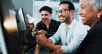 Buy stock photo Web developer, smile and celebration in office for software, system or website update launch. Night, happy people and backend engineer for company development, teamwork or project on computer