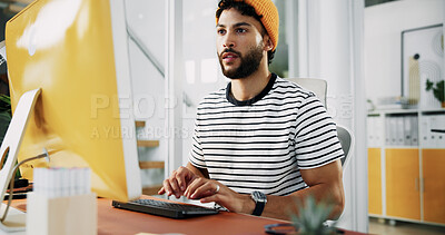 Buy stock photo Creative, designer or man on computer in startup for artistic project, digital media or video editing. Producer, male editor or research for content creation, post production or filmmaking process