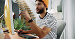Creative, producer or man on computer in startup for artistic project, digital media or video editing. Designer, male editor or research for content creation, post production or filmmaking process