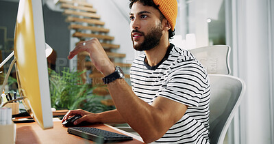 Buy stock photo Creative, producer or man on computer in startup for artistic project, digital media or video editing. Designer, male editor or research for content creation, post production or filmmaking process