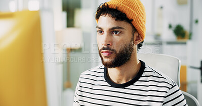 Buy stock photo Creative, artist or man on computer in startup for artistic project, digital media and video editing. Designer, male editor or research for content creation, post production or filmmaking process