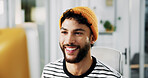 Creative, happy or man on computer in startup for artistic project, digital media or video editing. Designer, confident editor or research for content creation, post production or filmmaking process