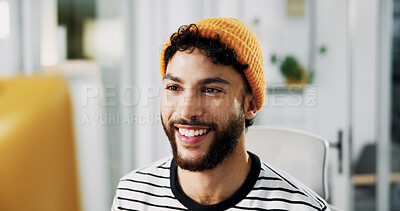 Buy stock photo Creative, happy or man on computer in startup for artistic project, digital media or video editing. Designer, confident editor or research for content creation, post production or filmmaking process