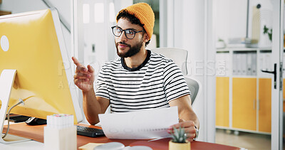 Buy stock photo Paperwork, designer or creative man on computer in startup for art project, digital media or video editing. Document, script or research for content creation, post production or filmmaking process
