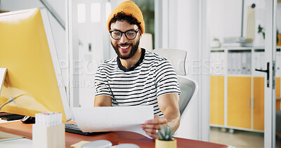 Buy stock photo Creative designer, paperwork or happy man with computer in startup for artistic project, media or video editing. Document, script and research for content creation, post production and filmmaking