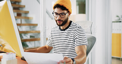 Buy stock photo Creative designer, script or man with document in startup for artistic project, media or video editing. Paperwork, check or computer for research for content creation, post production and filmmaking