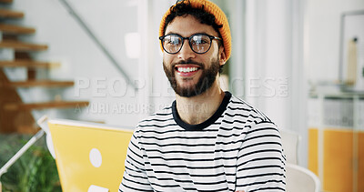 Buy stock photo Portrait, smile and businessman with glasses in office with pride for career as social media marketer. Creative, startup or happy professional worker with confidence as audience engagement specialist