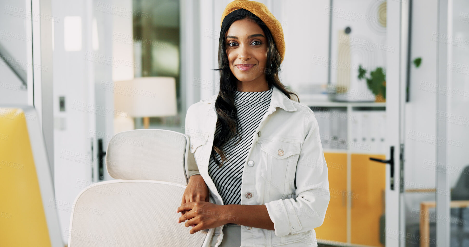Buy stock photo Portrait, creative and happy business woman in office with pride for career as social media marketer. Smile, startup and professional worker with confidence as audience engagement specialist in India