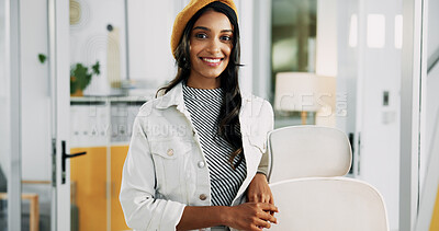 Buy stock photo Portrait, startup and happy business woman in office with pride for career as social media marketer. Smile, creative and professional worker with confidence as audience engagement specialist in India
