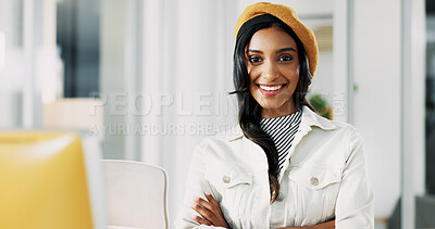 Buy stock photo Portrait, confidence and Indian business woman in office with pride for career as fashion magazine editor. Creative, startup and happy professional employee or style journalist with arms crossed