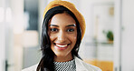 Portrait, confidence and happy business woman in startup office with pride for career as fashion magazine editor. Face, smile and professional employee, creative worker or style journalist in India