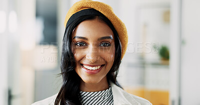 Buy stock photo Portrait, confidence and happy business woman in startup office with pride for career as fashion magazine editor. Face, smile and professional employee, creative worker or style journalist in India
