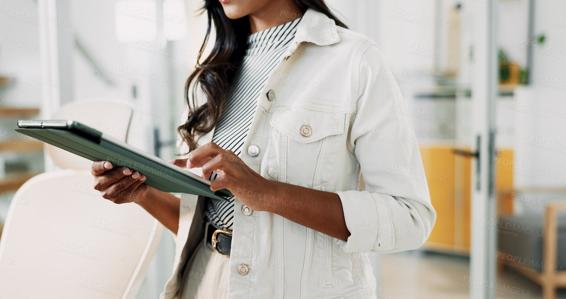 Buy stock photo Hands, woman and scroll on tablet in office for research, schedule update and review newsletter. Female journalist, digital and editing article, story information and feedback of magazine publication