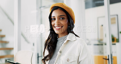 Buy stock photo Happy woman, portrait and creative designer in fashion with tablet at office for company startup. Female person, entrepreneur or employee with smile or technology for digital design at workplace