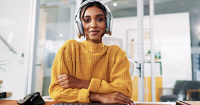 Buy stock photo Woman, headset and portrait at office with smile, review or arms crossed for tech support at IT startup. Person, consultant and voip mic for virtual advisory service, happy and help desk in Mexico
