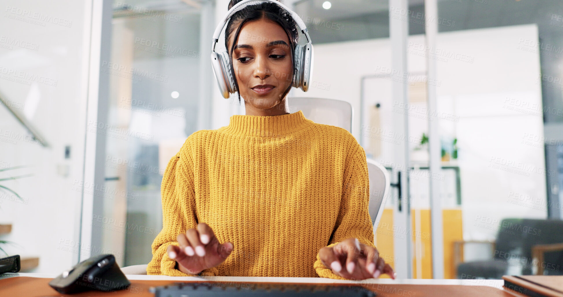 Buy stock photo Woman, headset and typing at office with consulting, notes and report for tech support at IT startup. Person, agent and voip headphones for virtual advisory services, pc and help desk at company