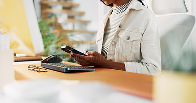 Buy stock photo Business woman, hands and typing with phone at desk for client chat, research industry trends and app performance. Web designer, employee and smartphone in office for troubleshooting browser or email