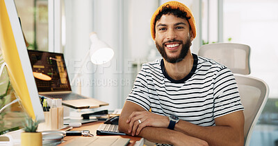 Buy stock photo Portrait, computer and smile with business man in office or creative newsletter, publication or planning. Email marketing, subscription campaign and copywriting editor with person in startup agency