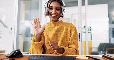 Buy stock photo Woman, headset and video call at office with wave, review or talk for technical support at IT startup. Person, portrait or consultant for virtual advisory services, hello or help desk POV in Colombia