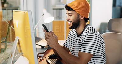 Buy stock photo Computer, web designer and man with phone in office for software, website update and user interface. Happy, digital agency and person on smartphone for social media, internet and message on break