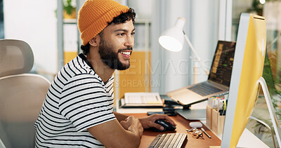 Buy stock photo Smile, computer and research with business man in office or creative newsletter, publication or planning. Email marketing, subscription campaign and copywriting editor with person in startup agency