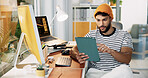 Creative, man and typing with tablet in office for social media insights, content performance and campaign management. Marketing, professional and digital app for engagement metrics and tracking data