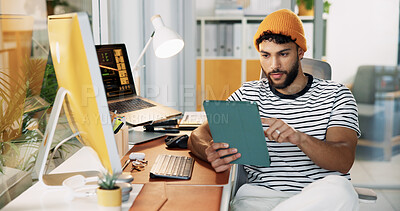 Buy stock photo Creative, man and typing with tablet in office for social media insights, content performance and campaign management. Marketing, professional and digital app for engagement metrics and tracking data