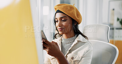 Buy stock photo Business woman, computer and typing with phone in office for browser testing, client feedback or networking. Web designer, employee and smartphone for app troubleshooting or update at creative agency