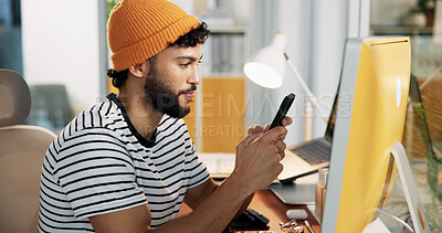 Buy stock photo Reading, phone and research with business man in office for social media newsletter, publication or planning. Email marketing, subscription campaign and copywriting editor with person in startup