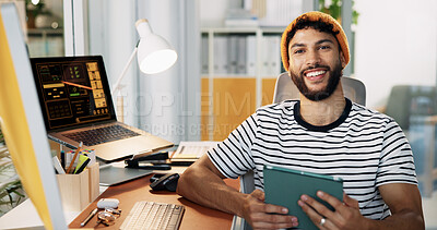 Buy stock photo Creative, man and portrait with tablet in office for social media insights, campaign performance and data analysis. Marketing professional, employee and happy with digital app for engagement metrics