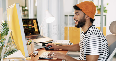 Buy stock photo Creative, man and typing with computer in office for tracking metrics, social media campaign and performance data. Marketer, person and happy with insights for engagement or research marketing trends