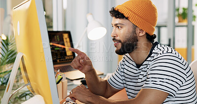 Buy stock photo Pointing, computer and research with business man in office for creative newsletter, publication or planning. Email marketing, subscription campaign and copywriting editor with person in agency