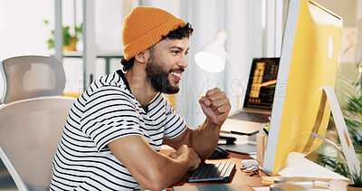 Buy stock photo Success, computer and fist pump with business man in office for graphic designer, digital media project and winner. Website branding, achievement and bonus with person in startup for good news