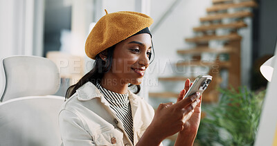 Buy stock photo Business woman, smile and typing with phone in office for browser testing, client feedback and networking. Web designer, employee and smartphone for app troubleshooting and update at creative agency