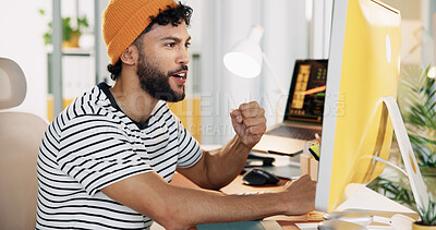 Buy stock photo Fist pump, computer and excited with business man in office for graphic designer, digital media project and winner. Website branding, achievement and success with person in startup for celebration