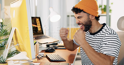 Buy stock photo Success, computer and excited with business man in office for graphic designer, digital media project and winner. Website branding, achievement and planning with person in startup for celebration