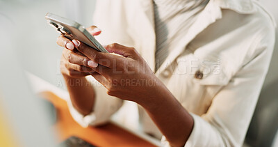 Buy stock photo Business woman, hands and typing with phone in office for browser testing, research industry trends and client chat. Web designer, person and smartphone for app performance, troubleshooting or email
