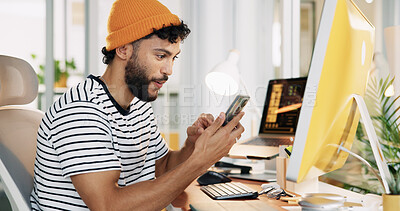 Buy stock photo Man, phone and excited in office with good news for project management at web design company. Person, technology and smile for agreement, positive review and feedback negotiation at creative agency