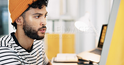 Buy stock photo Reading, computer and planning with business man in office for graphic designer, digital media project and research. Website branding, content review and report with person in startup for publication