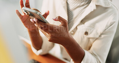Buy stock photo Business woman, hands and typing with phone at desk for browser testing, social media trends or client feedback. Web designer, above or smartphone for app performance, troubleshooting or online news
