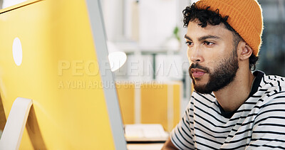 Buy stock photo Reading, computer and research with business man in office or creative newsletter, publication or planning. Email marketing, subscription campaign and copywriting editor with person in startup agency