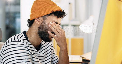 Buy stock photo Creative, computer and man with headache at desk for deadline pressure, internet glitch and browser testing error. Web designer, person and tension migraine with stress, overwhelmed and disappointed