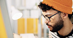 Glasses, computer and planning with business man in office for graphic designer, digital media project and research. Website branding, content review and report with person in startup for publication