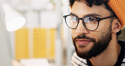 Buy stock photo Businessman, glasses and reading for creativity, article comparison or review on computer in office. Journalist, smile or tech in agency for website update, topic research or reflection for planning