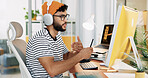 Computer, headphones and business man on video call for communication with social media analyst. Webinar, virtual meeting and creative worker talk with tech for engagement results in startup office