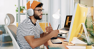 Buy stock photo Computer, headphones and business man on video call for communication with social media analyst. Webinar, virtual meeting and creative worker talk with tech for engagement results in startup office