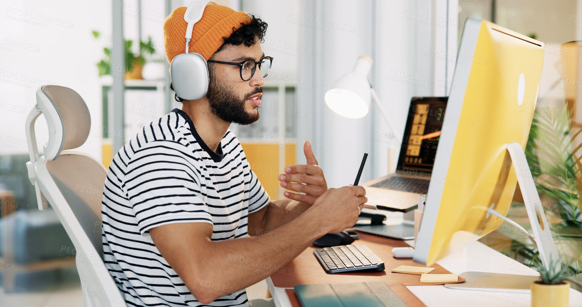 Buy stock photo Computer, headphones and business man on video call for communication with social media analyst. Webinar, virtual meeting and creative worker talk with tech for engagement results in startup office