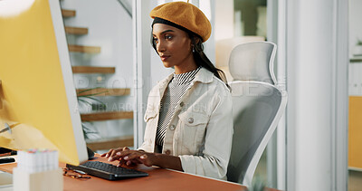 Buy stock photo Business, woman and typing on computer in office for campaign management, KPI tracking and client email. Digital marketing specialist, employee and tech for social media engagement at creative agency