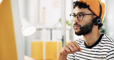 Buy stock photo Serious, agent and man with headset, call center and communication with microphone and customer service. Business, representative and person with advice for contact, online and consultation for order