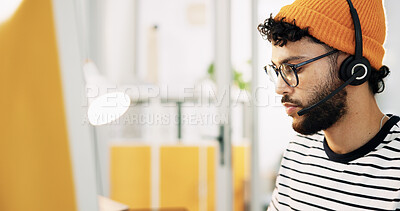 Buy stock photo Computer, agent and man with headset, call center and research for order on website or communication. Customer service, representative and person with tech for info, typing and consultation for sales